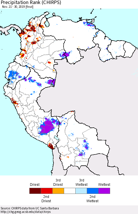 Northern South America Precipitation Rank (CHIRPS) Thematic Map For 11/21/2019 - 11/30/2019