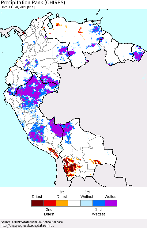 Northern South America Precipitation Rank since 1981 (CHIRPS) Thematic Map For 12/11/2019 - 12/20/2019