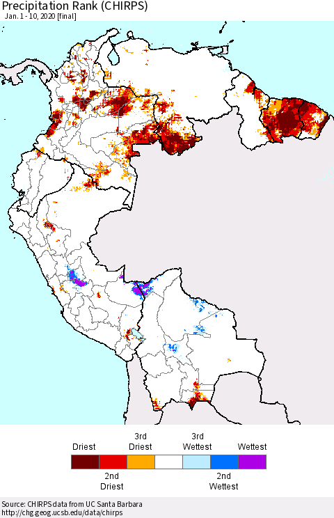 Northern South America Precipitation Rank (CHIRPS) Thematic Map For 1/1/2020 - 1/10/2020