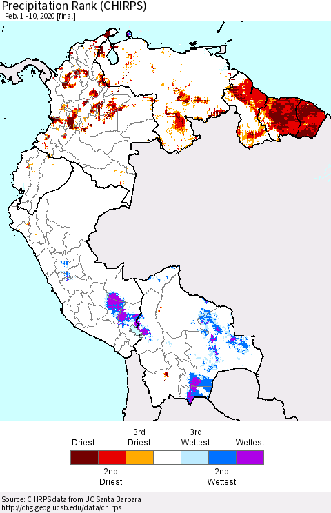 Northern South America Precipitation Rank (CHIRPS) Thematic Map For 2/1/2020 - 2/10/2020