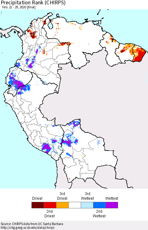 Northern South America Precipitation Rank (CHIRPS) Thematic Map For 2/21/2020 - 2/29/2020