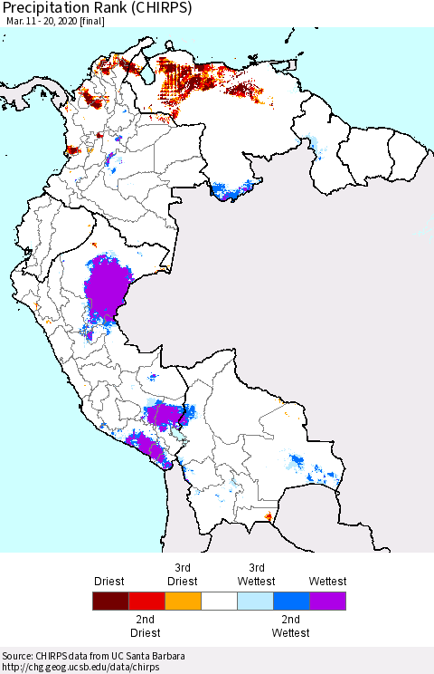 Northern South America Precipitation Rank (CHIRPS) Thematic Map For 3/11/2020 - 3/20/2020
