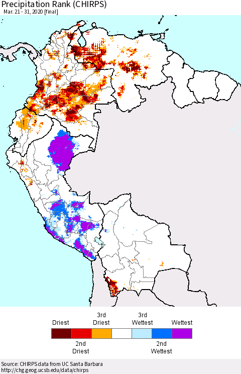 Northern South America Precipitation Rank (CHIRPS) Thematic Map For 3/21/2020 - 3/31/2020