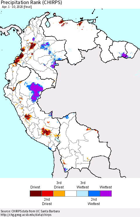 Northern South America Precipitation Rank since 1981 (CHIRPS) Thematic Map For 4/1/2020 - 4/10/2020