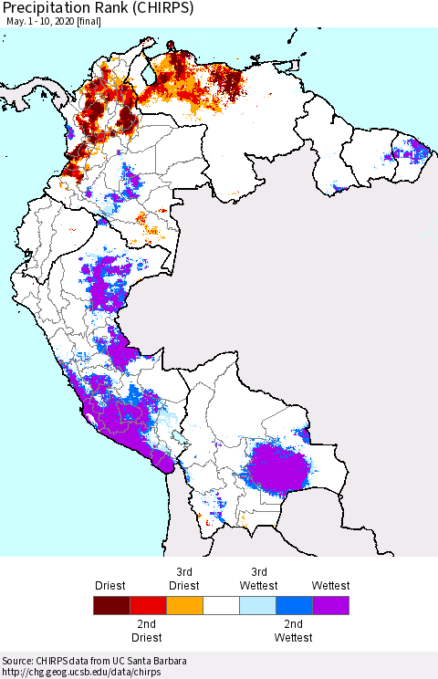 Northern South America Precipitation Rank (CHIRPS) Thematic Map For 5/1/2020 - 5/10/2020