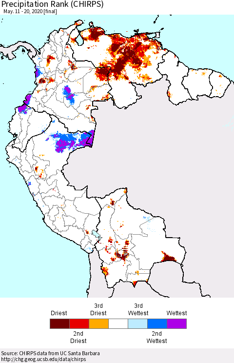 Northern South America Precipitation Rank since 1981 (CHIRPS) Thematic Map For 5/11/2020 - 5/20/2020