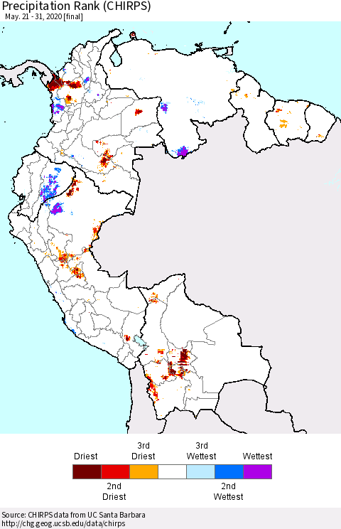 Northern South America Precipitation Rank since 1981 (CHIRPS) Thematic Map For 5/21/2020 - 5/31/2020