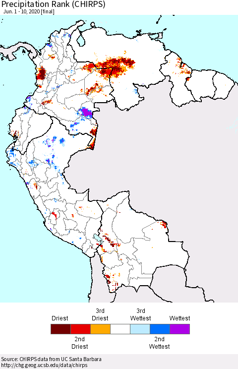 Northern South America Precipitation Rank (CHIRPS) Thematic Map For 6/1/2020 - 6/10/2020