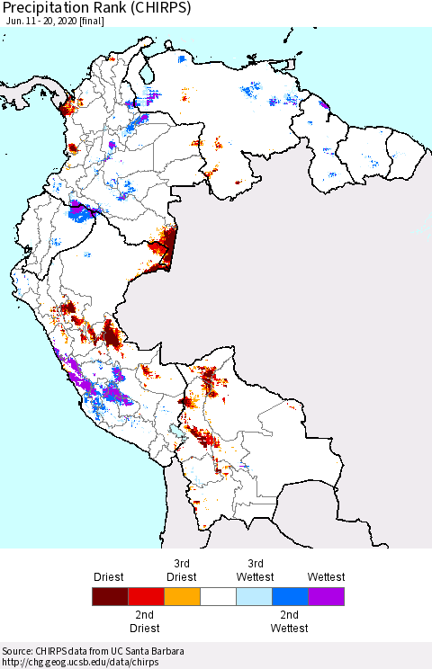 Northern South America Precipitation Rank (CHIRPS) Thematic Map For 6/11/2020 - 6/20/2020