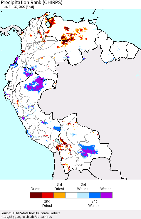 Northern South America Precipitation Rank since 1981 (CHIRPS) Thematic Map For 6/21/2020 - 6/30/2020