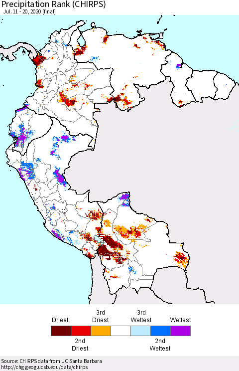Northern South America Precipitation Rank (CHIRPS) Thematic Map For 7/11/2020 - 7/20/2020