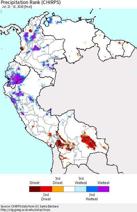 Northern South America Precipitation Rank since 1981 (CHIRPS) Thematic Map For 7/21/2020 - 7/31/2020