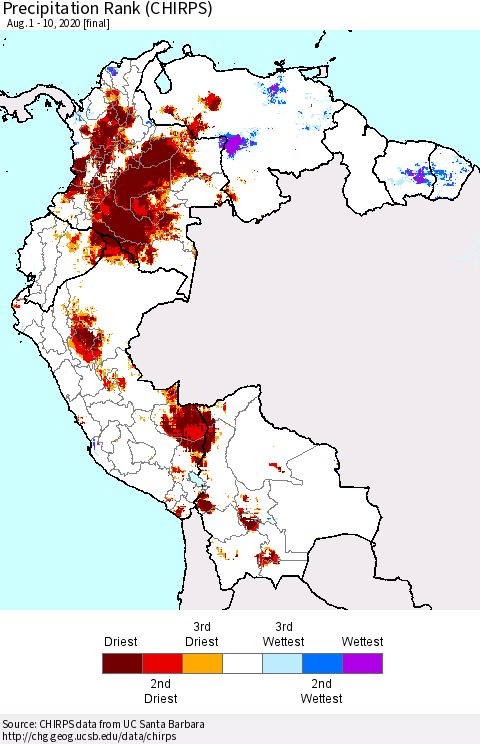 Northern South America Precipitation Rank (CHIRPS) Thematic Map For 8/1/2020 - 8/10/2020