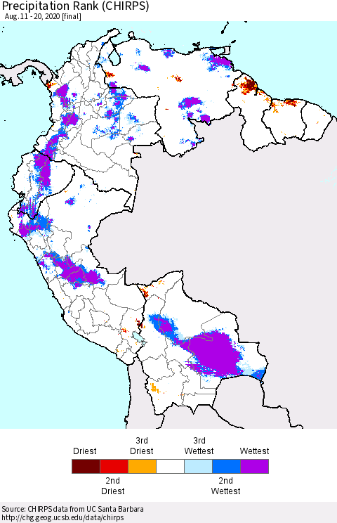 Northern South America Precipitation Rank since 1981 (CHIRPS) Thematic Map For 8/11/2020 - 8/20/2020