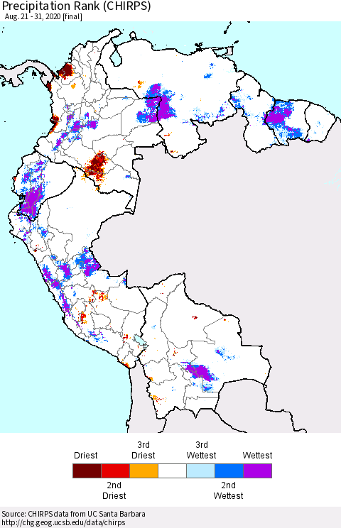 Northern South America Precipitation Rank (CHIRPS) Thematic Map For 8/21/2020 - 8/31/2020