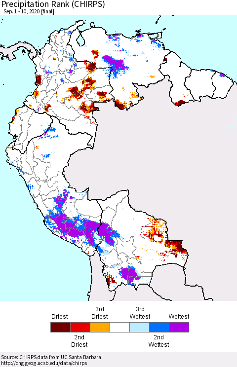 Northern South America Precipitation Rank (CHIRPS) Thematic Map For 9/1/2020 - 9/10/2020