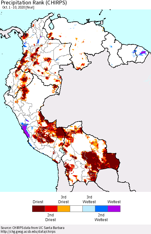 Northern South America Precipitation Rank since 1981 (CHIRPS) Thematic Map For 10/1/2020 - 10/10/2020