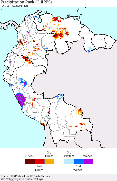 Northern South America Precipitation Rank (CHIRPS) Thematic Map For 10/21/2020 - 10/31/2020