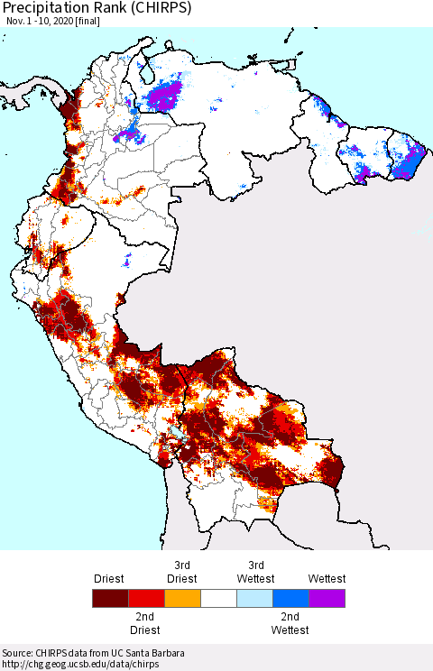 Northern South America Precipitation Rank (CHIRPS) Thematic Map For 11/1/2020 - 11/10/2020