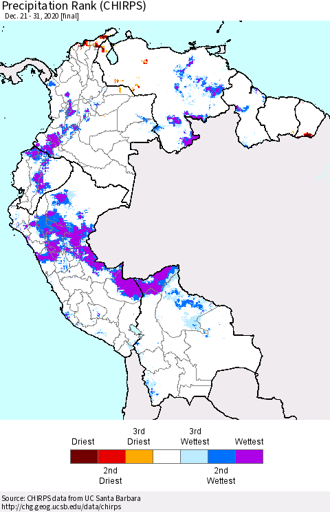 Northern South America Precipitation Rank (CHIRPS) Thematic Map For 12/21/2020 - 12/31/2020