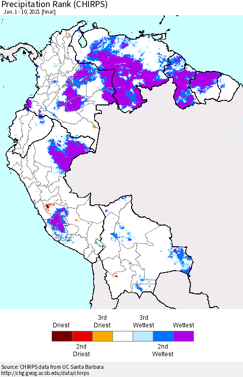 Northern South America Precipitation Rank since 1981 (CHIRPS) Thematic Map For 1/1/2021 - 1/10/2021