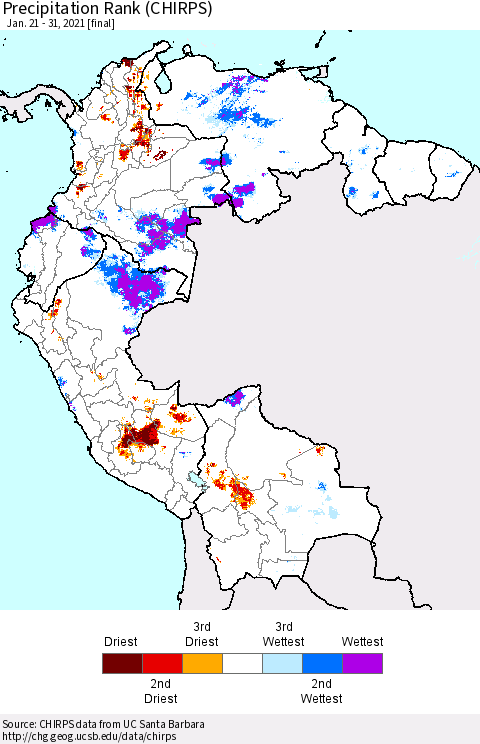 Northern South America Precipitation Rank since 1981 (CHIRPS) Thematic Map For 1/21/2021 - 1/31/2021