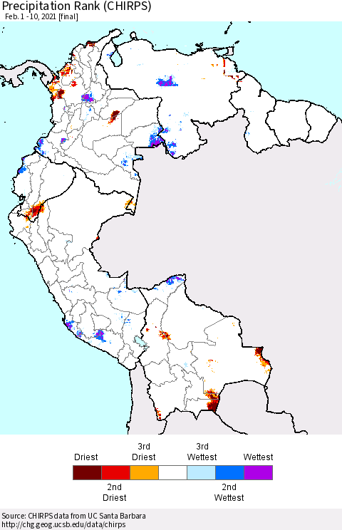 Northern South America Precipitation Rank since 1981 (CHIRPS) Thematic Map For 2/1/2021 - 2/10/2021