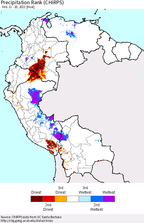 Northern South America Precipitation Rank since 1981 (CHIRPS) Thematic Map For 2/11/2021 - 2/20/2021