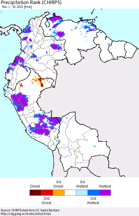 Northern South America Precipitation Rank (CHIRPS) Thematic Map For 3/1/2021 - 3/10/2021