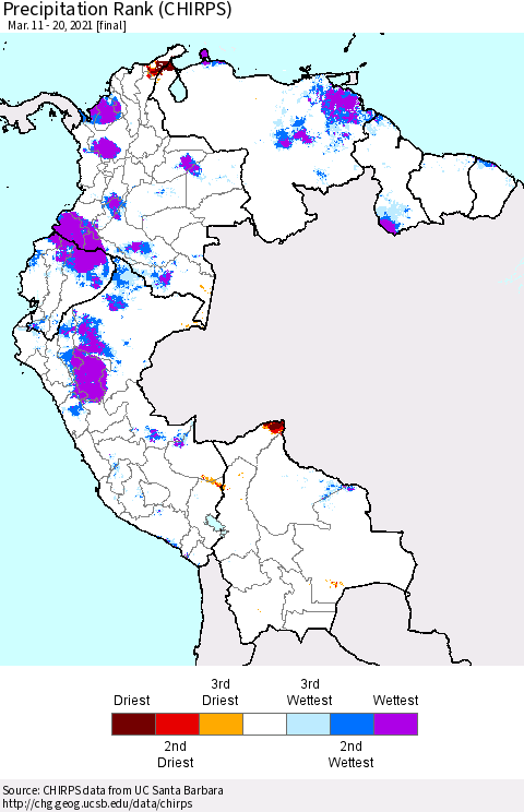 Northern South America Precipitation Rank (CHIRPS) Thematic Map For 3/11/2021 - 3/20/2021