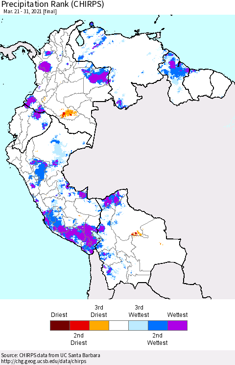 Northern South America Precipitation Rank (CHIRPS) Thematic Map For 3/21/2021 - 3/31/2021
