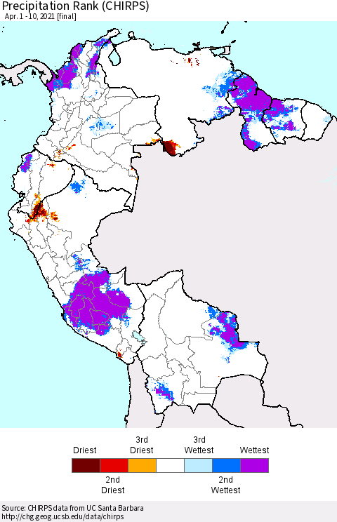 Northern South America Precipitation Rank (CHIRPS) Thematic Map For 4/1/2021 - 4/10/2021