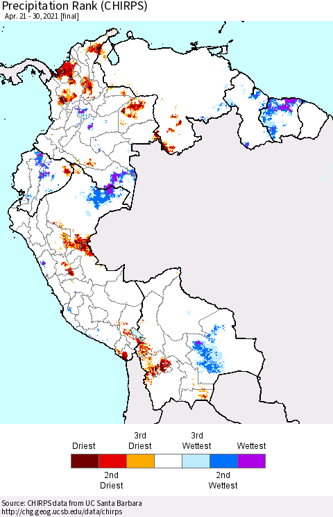 Northern South America Precipitation Rank (CHIRPS) Thematic Map For 4/21/2021 - 4/30/2021