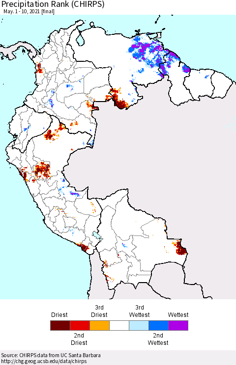 Northern South America Precipitation Rank (CHIRPS) Thematic Map For 5/1/2021 - 5/10/2021