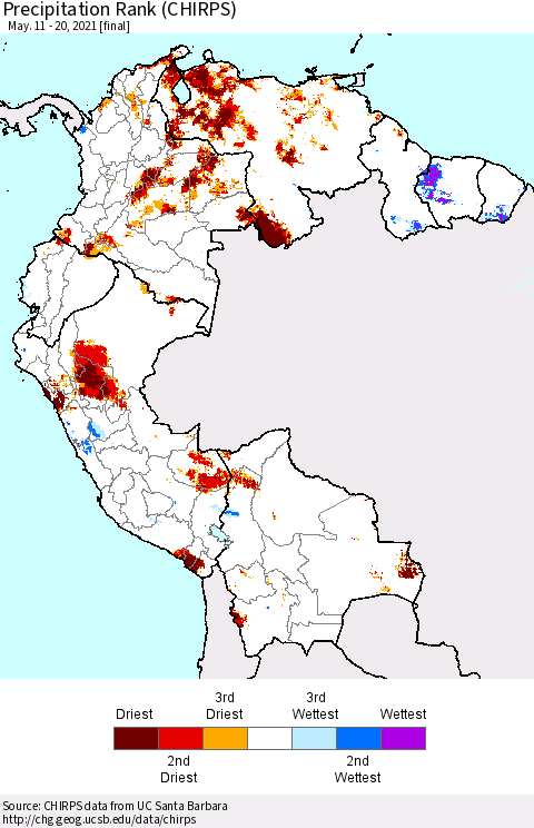 Northern South America Precipitation Rank (CHIRPS) Thematic Map For 5/11/2021 - 5/20/2021
