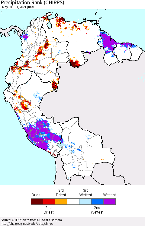 Northern South America Precipitation Rank (CHIRPS) Thematic Map For 5/21/2021 - 5/31/2021