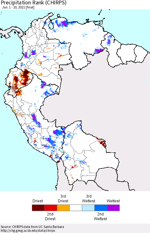 Northern South America Precipitation Rank since 1981 (CHIRPS) Thematic Map For 6/1/2021 - 6/10/2021