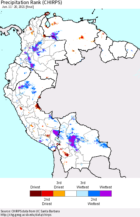 Northern South America Precipitation Rank (CHIRPS) Thematic Map For 6/11/2021 - 6/20/2021