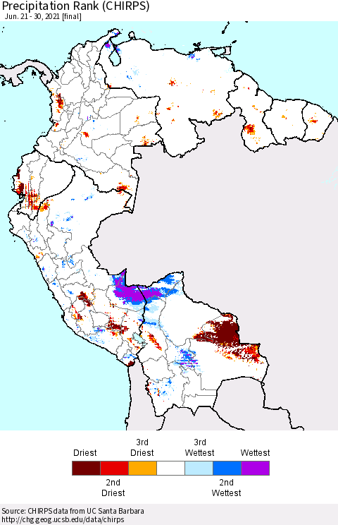 Northern South America Precipitation Rank (CHIRPS) Thematic Map For 6/21/2021 - 6/30/2021