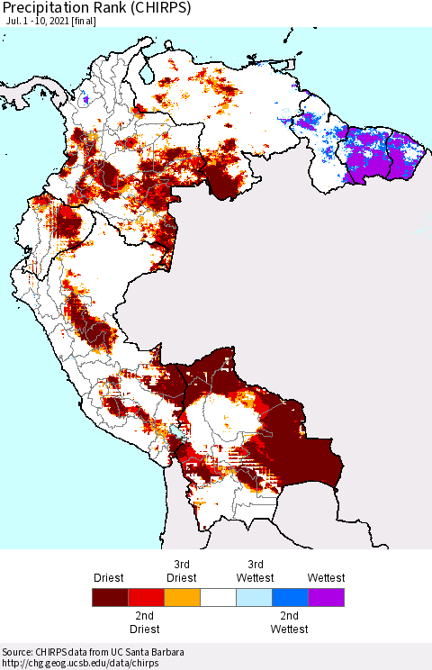 Northern South America Precipitation Rank (CHIRPS) Thematic Map For 7/1/2021 - 7/10/2021