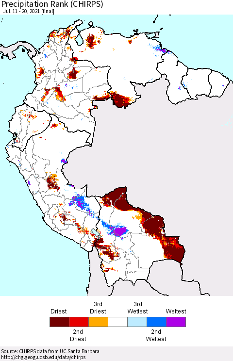 Northern South America Precipitation Rank since 1981 (CHIRPS) Thematic Map For 7/11/2021 - 7/20/2021