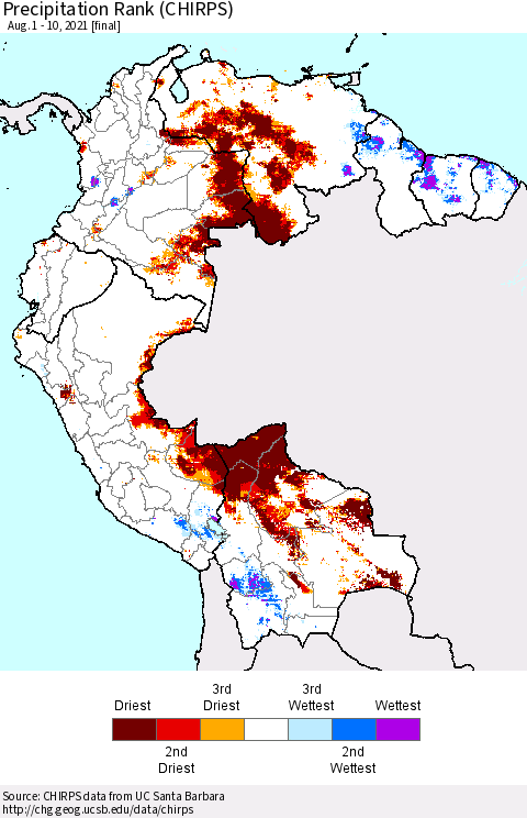 Northern South America Precipitation Rank (CHIRPS) Thematic Map For 8/1/2021 - 8/10/2021