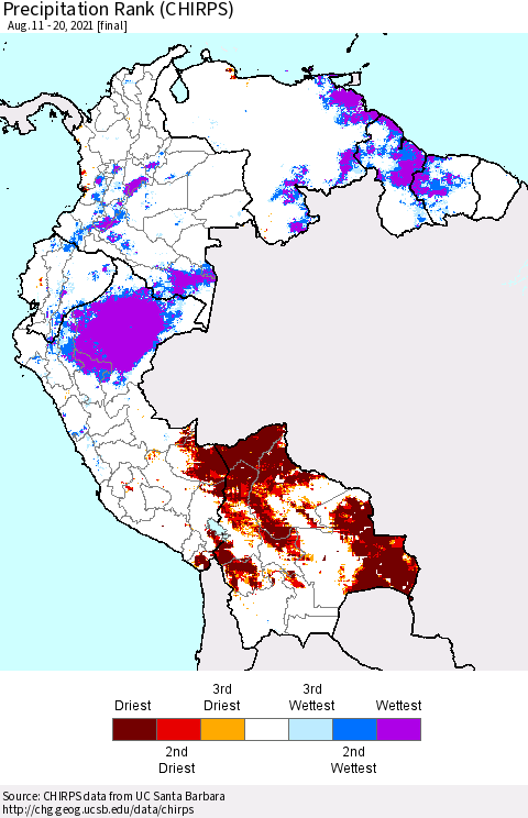 Northern South America Precipitation Rank (CHIRPS) Thematic Map For 8/11/2021 - 8/20/2021