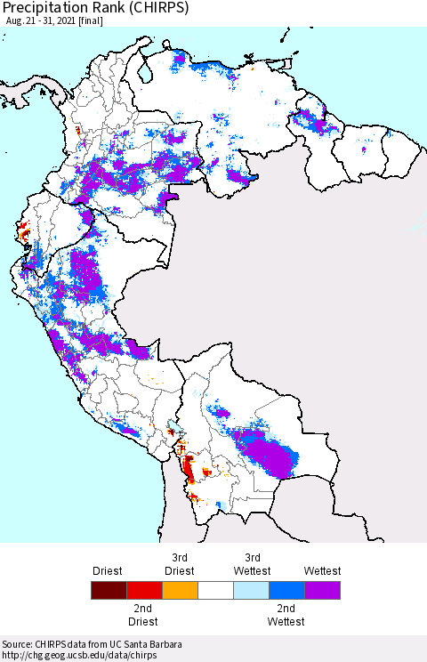 Northern South America Precipitation Rank (CHIRPS) Thematic Map For 8/21/2021 - 8/31/2021