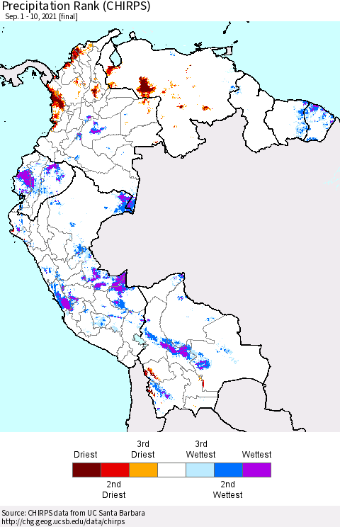 Northern South America Precipitation Rank (CHIRPS) Thematic Map For 9/1/2021 - 9/10/2021