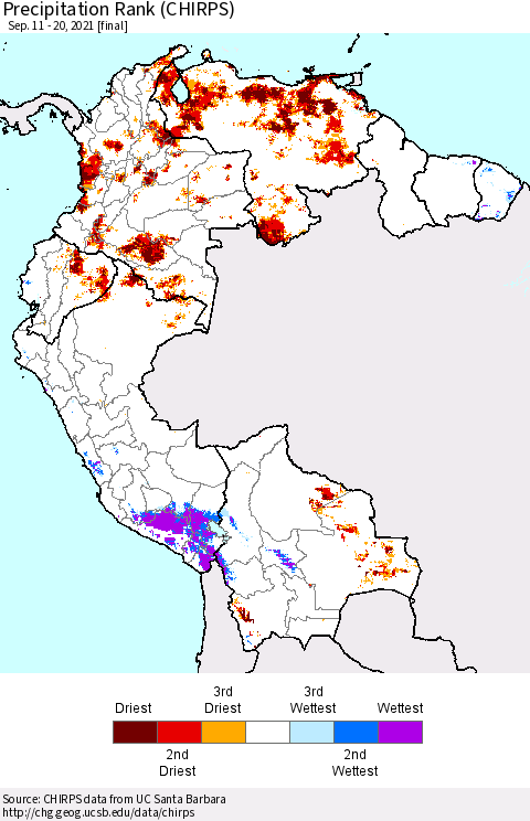 Northern South America Precipitation Rank since 1981 (CHIRPS) Thematic Map For 9/11/2021 - 9/20/2021
