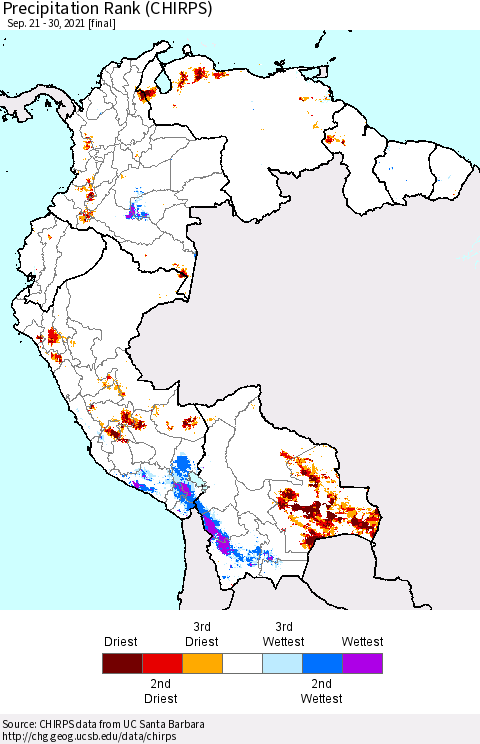 Northern South America Precipitation Rank (CHIRPS) Thematic Map For 9/21/2021 - 9/30/2021