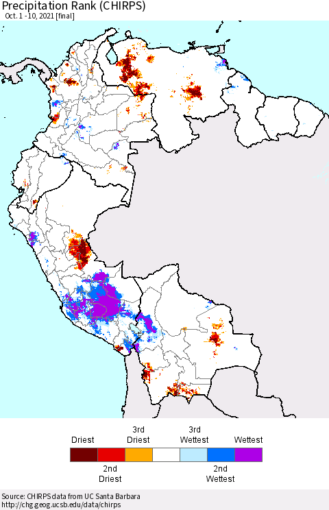 Northern South America Precipitation Rank (CHIRPS) Thematic Map For 10/1/2021 - 10/10/2021