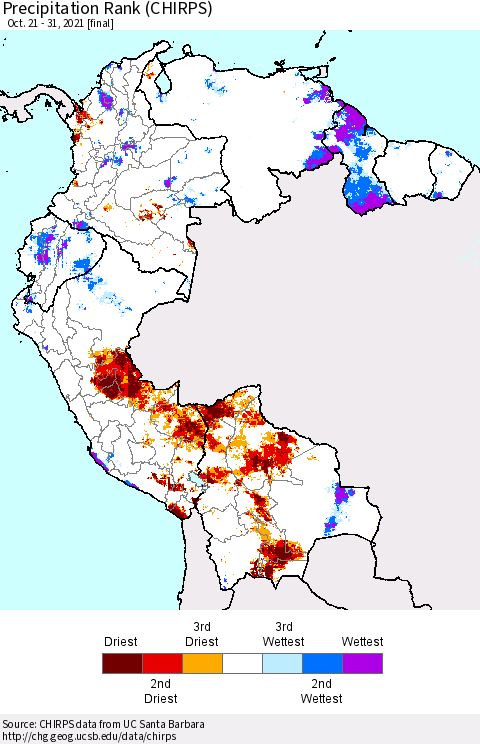 Northern South America Precipitation Rank (CHIRPS) Thematic Map For 10/21/2021 - 10/31/2021