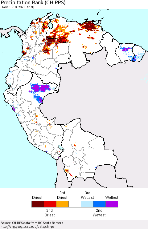 Northern South America Precipitation Rank since 1981 (CHIRPS) Thematic Map For 11/1/2021 - 11/10/2021